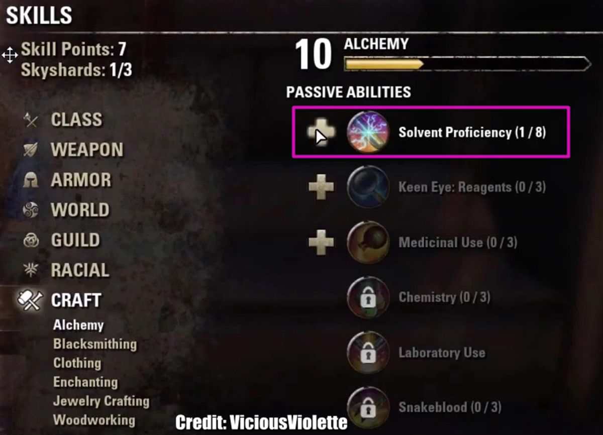 ESO Alchemy Power Leveling Guide p3 adding skill points to solvent proficiency